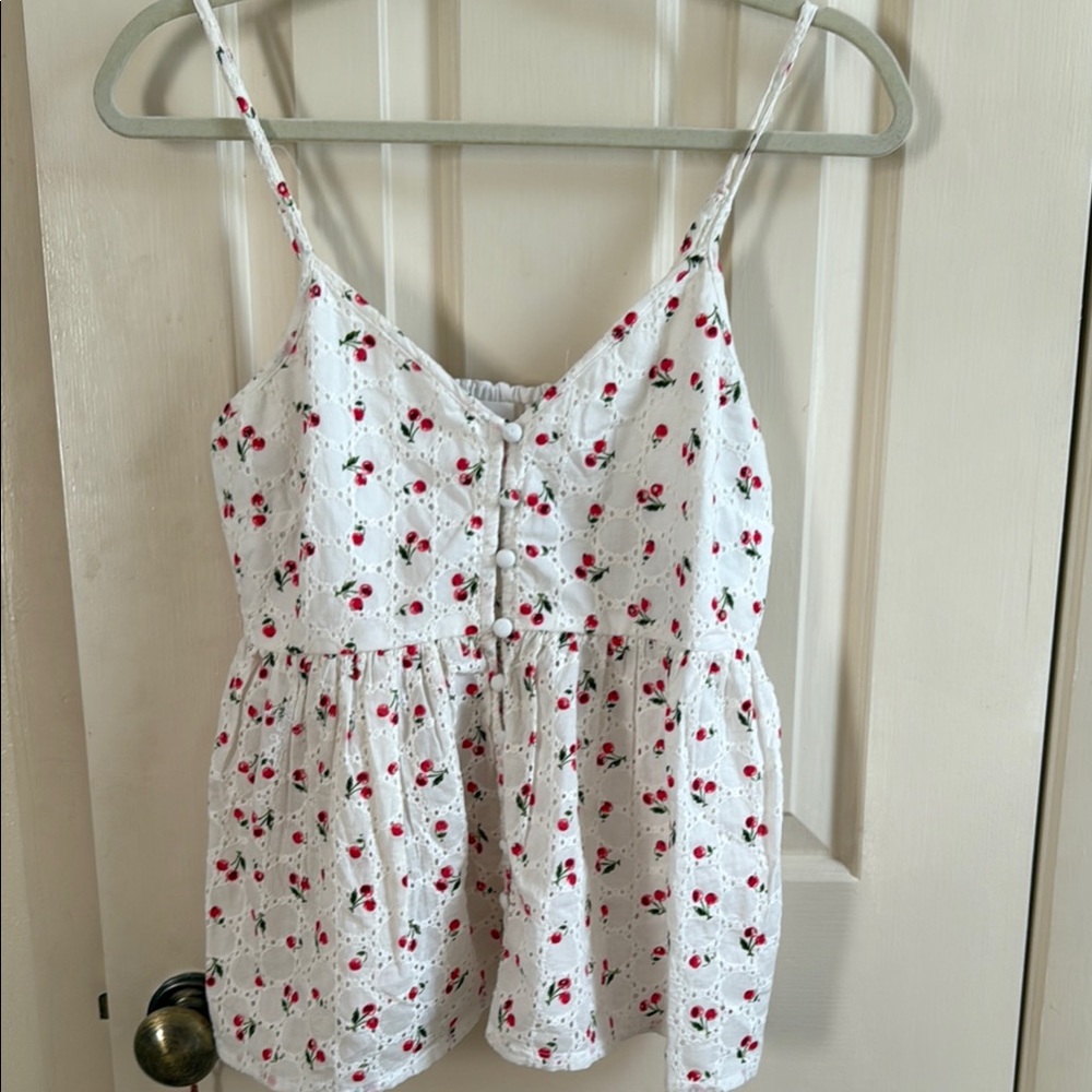 White summer top with Red Cherry Embroidery/ eyelet size M